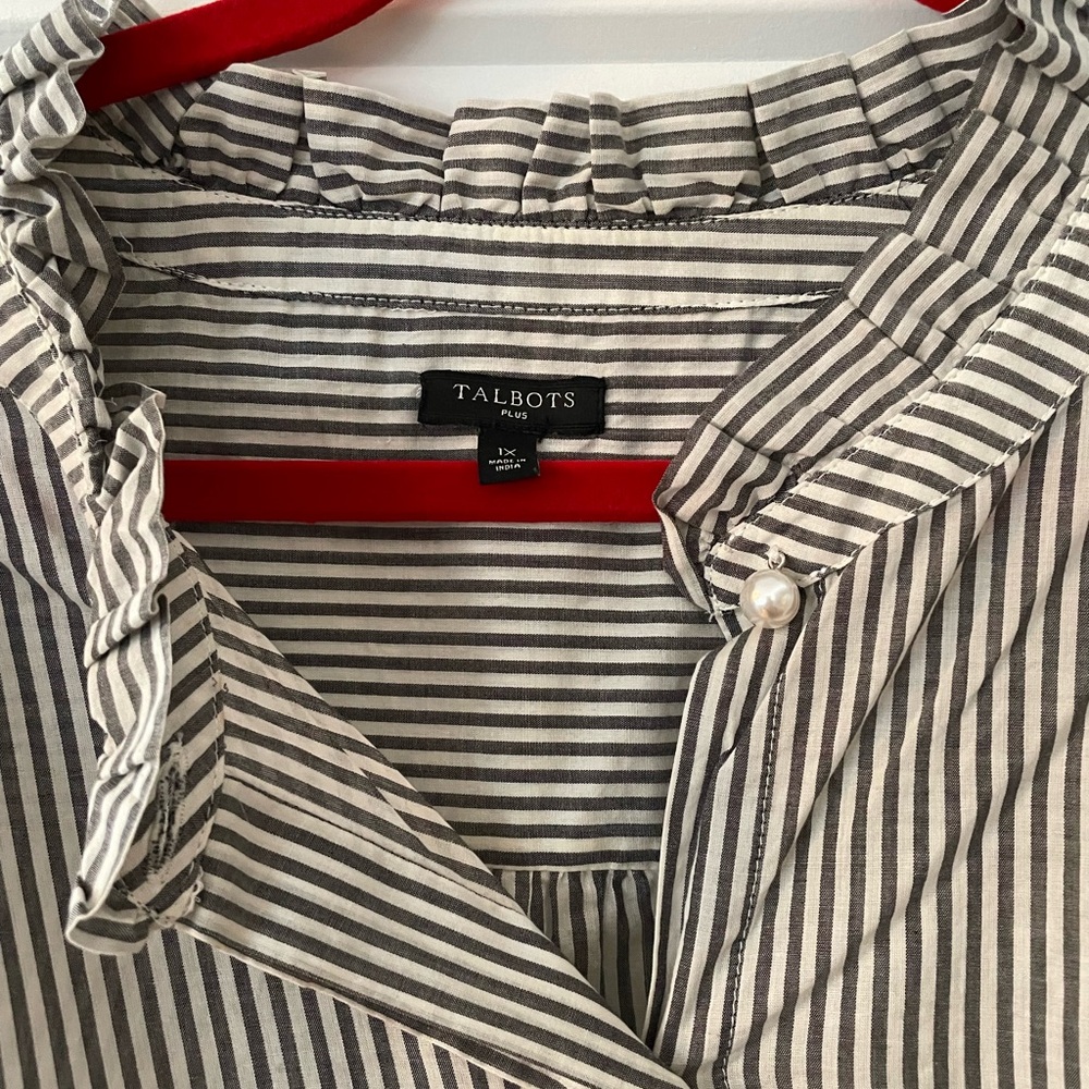 Talbots Charcoal Gray and White Striped Ruffle Blouse